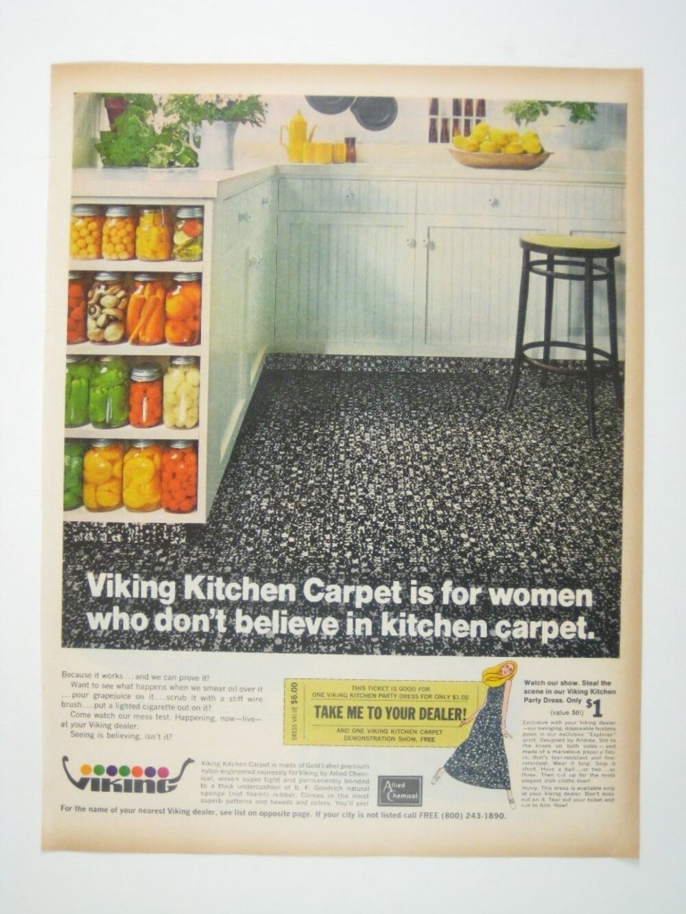 Viking Kitchen Carpet Ad 1960s Vintage Print Decor Wall Canned Fruit Farmhouse